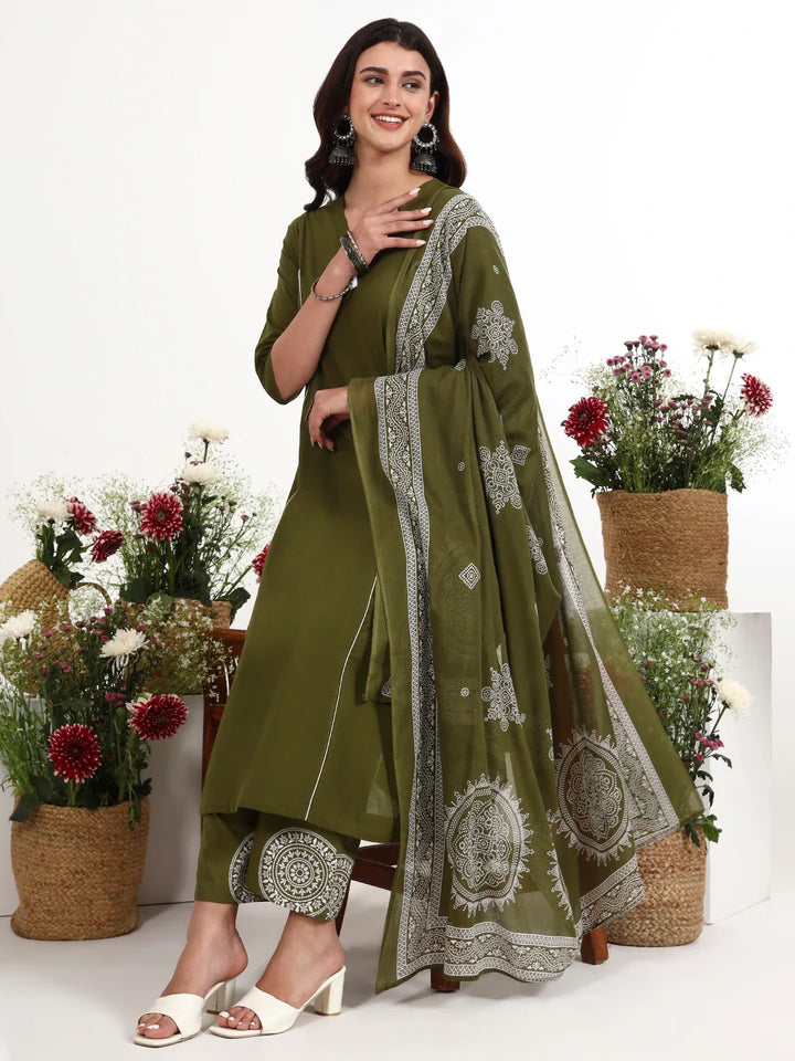 Cotton Kalidaar Style Kurta Pant Dupatta Set