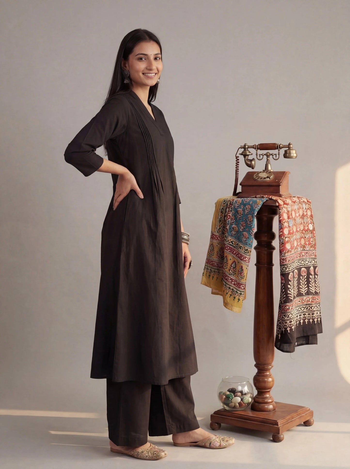 Solid A-Line Design Features Pintuck Pleats Kurta Palazzo Set