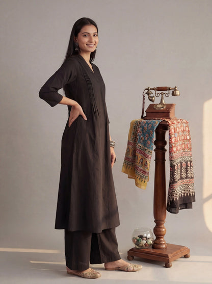 Solid A-Line Design Features Pintuck Pleats Kurta Palazzo Set