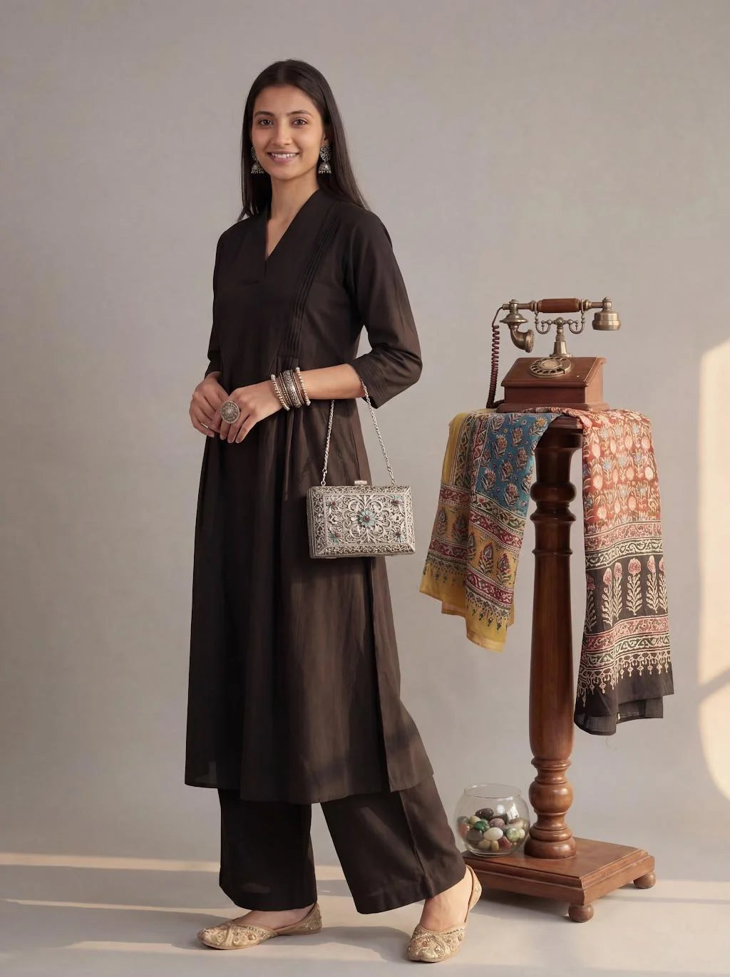 Solid A-Line Design Features Pintuck Pleats Kurta Palazzo Set