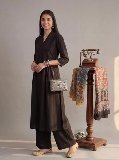 Solid A-Line Design Features Pintuck Pleats Kurta Palazzo Set