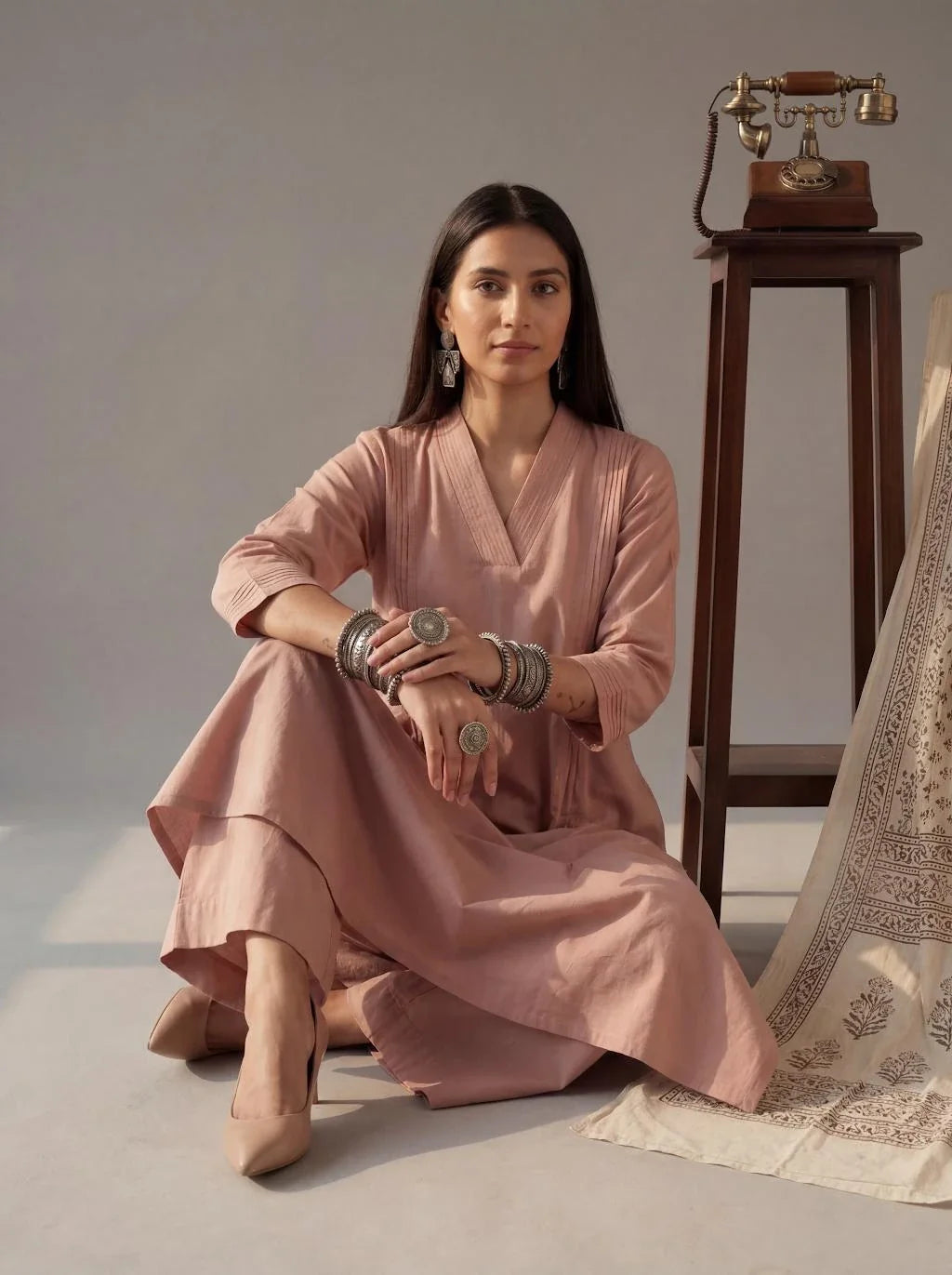 Solid A-Line Design Features Pintuck Pleats Kurta Palazzo Set
