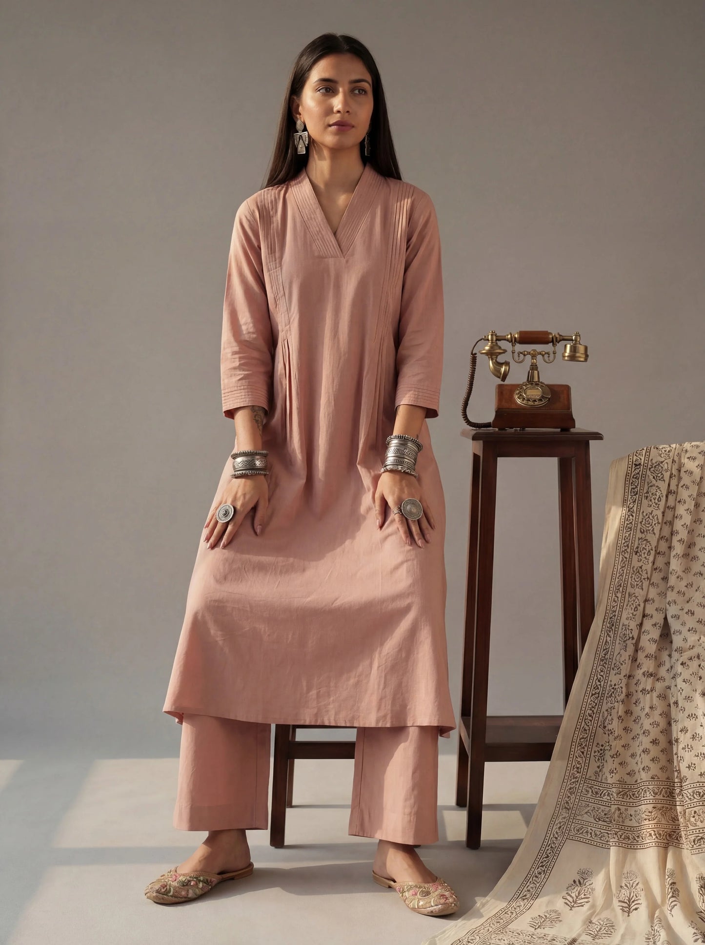 Solid A-Line Design Features Pintuck Pleats Kurta Palazzo Set