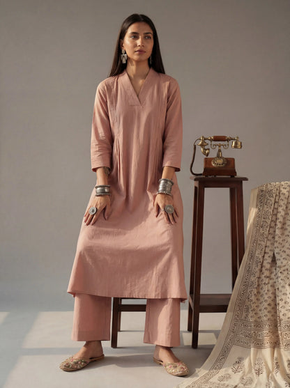 Solid A-Line Design Features Pintuck Pleats Kurta Palazzo Set
