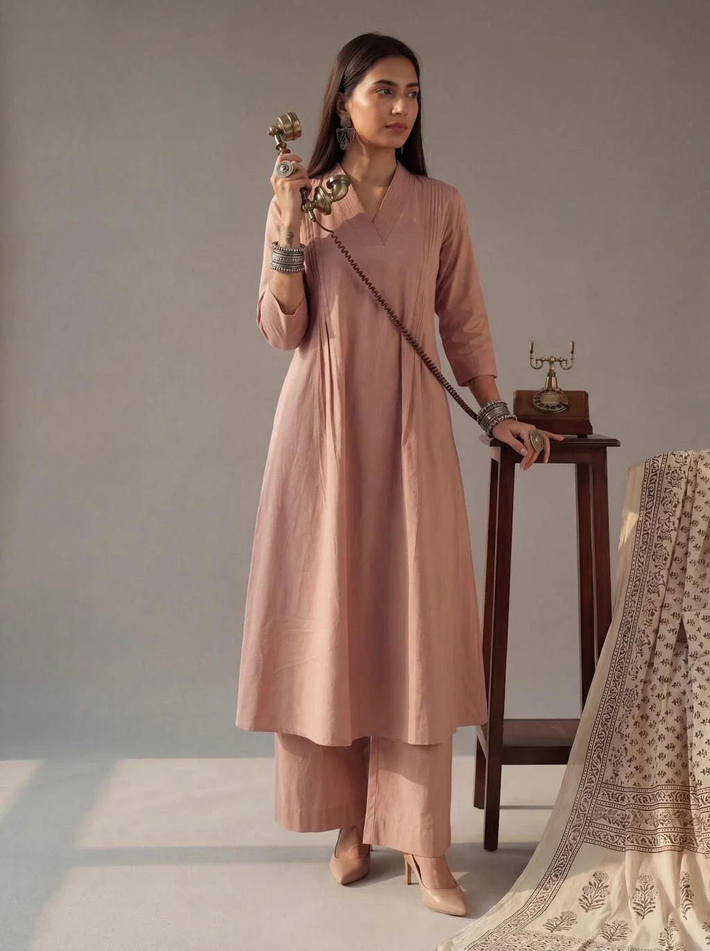 Solid A-Line Design Features Pintuck Pleats Kurta Palazzo Set