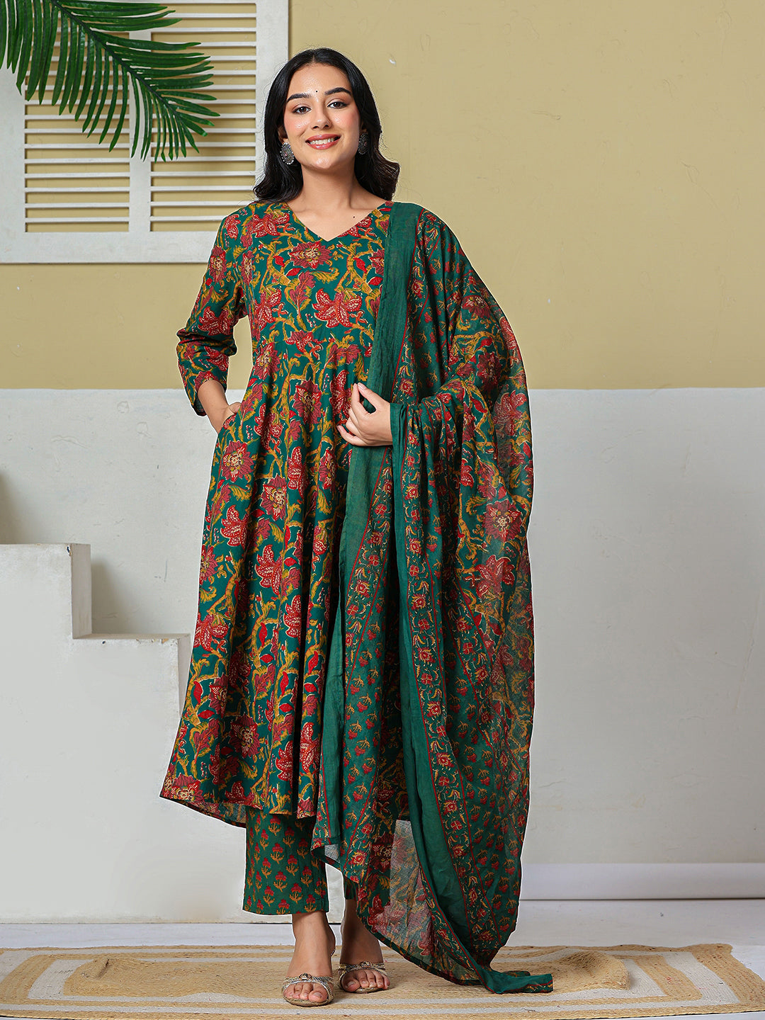 Anarkali Pure Cotton Floral Maternity Wear Kurta Trouser Dupatta Set