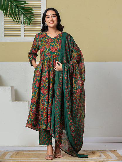 Anarkali Pure Cotton Floral Maternity Wear Kurta Trouser Dupatta Set