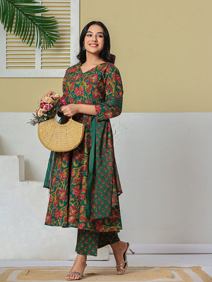 Anarkali Pure Cotton Floral Maternity Wear Kurta Trouser Dupatta Set