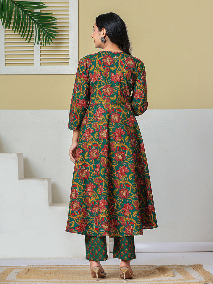 Anarkali Pure Cotton Floral Maternity Wear Kurta Trouser Dupatta Set