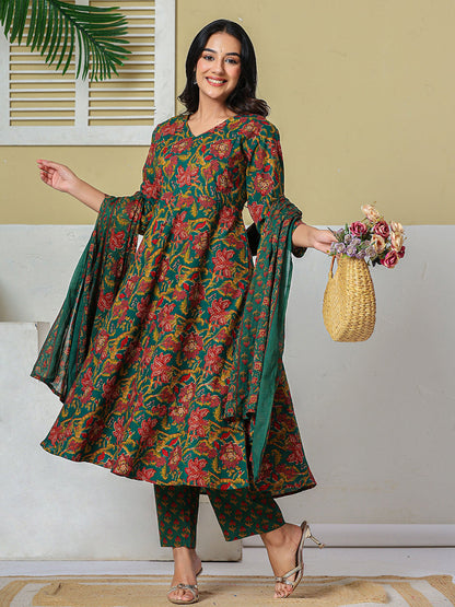 Anarkali Pure Cotton Floral Maternity Wear Kurta Trouser Dupatta Set