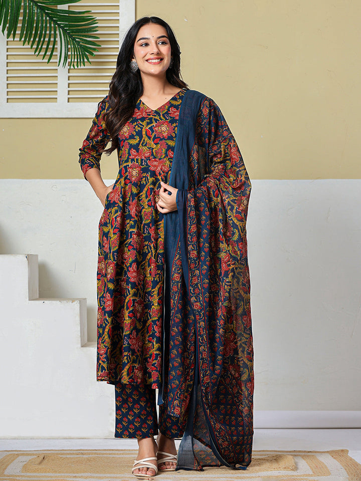 Anarkali Pure Cotton Floral Maternity Wear Kurta Trouser Dupatta Set