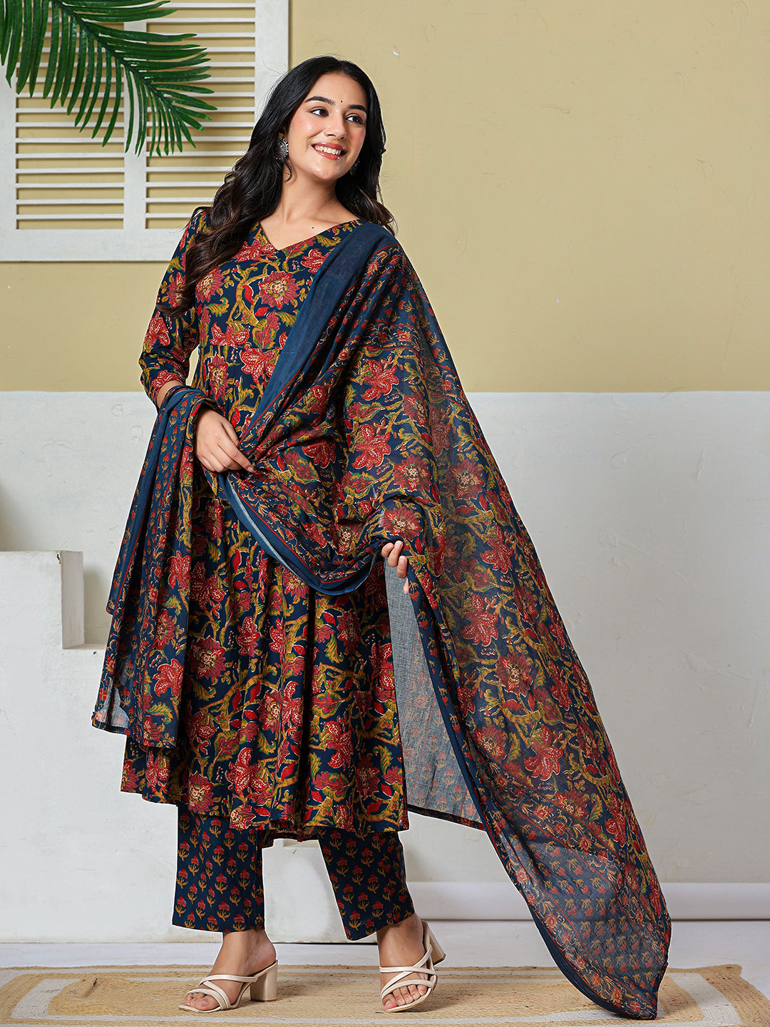 Anarkali Pure Cotton Floral Maternity Wear Kurta Trouser Dupatta Set