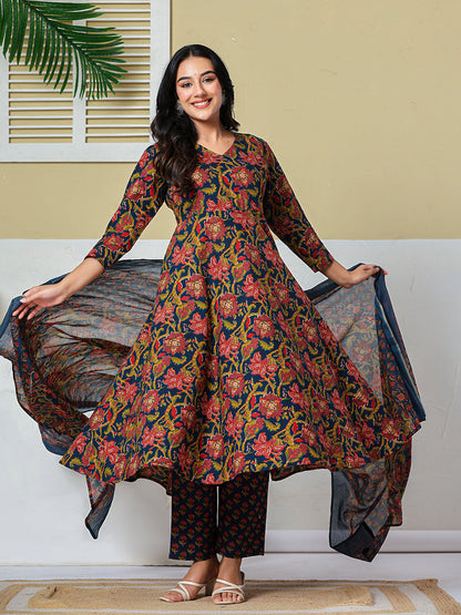Anarkali Pure Cotton Floral Maternity Wear Kurta Trouser Dupatta Set