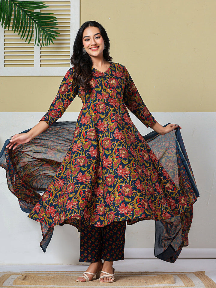Anarkali Pure Cotton Floral Maternity Wear Kurta Trouser Dupatta Set