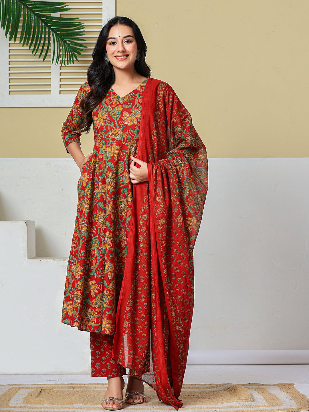 Anarkali Pure Cotton Floral Maternity Wear Kurta Trouser Dupatta Set