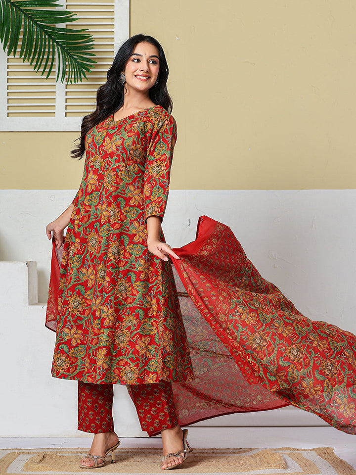 Anarkali Pure Cotton Floral Maternity Wear Kurta Trouser Dupatta Set