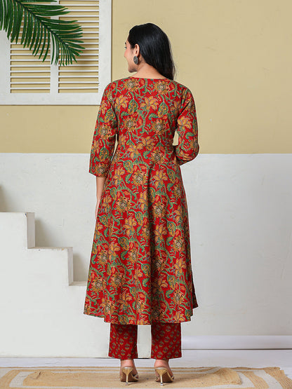 Anarkali Pure Cotton Floral Maternity Wear Kurta Trouser Dupatta Set
