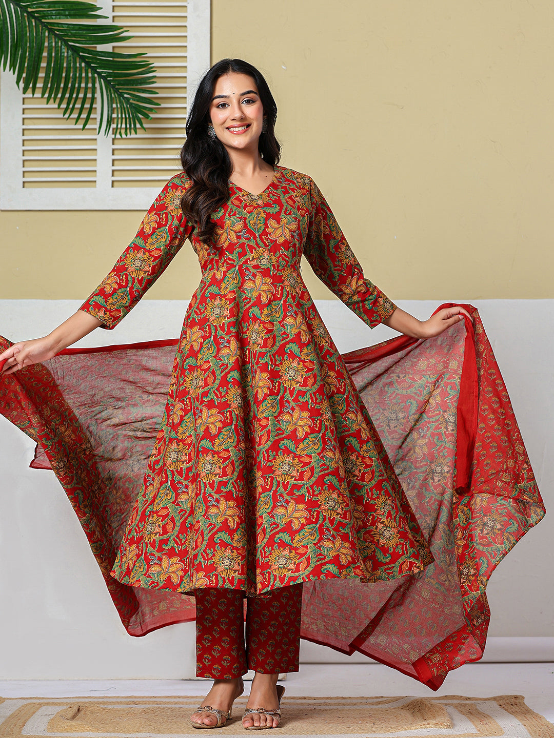 Anarkali Pure Cotton Floral Maternity Wear Kurta Trouser Dupatta Set