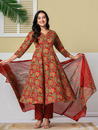 Anarkali Pure Cotton Floral Maternity Wear Kurta Trouser Dupatta Set