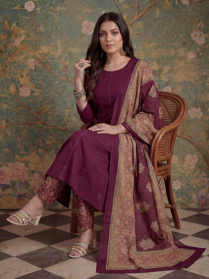 Cotton A-Line Patch Work Pluse Size Kurta Pant Dupatta Set
