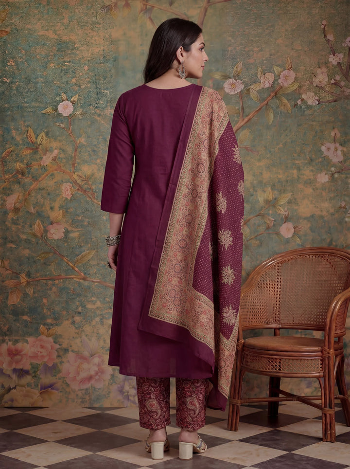 Cotton A-Line Patch Work Pluse Size Kurta Pant Dupatta Set