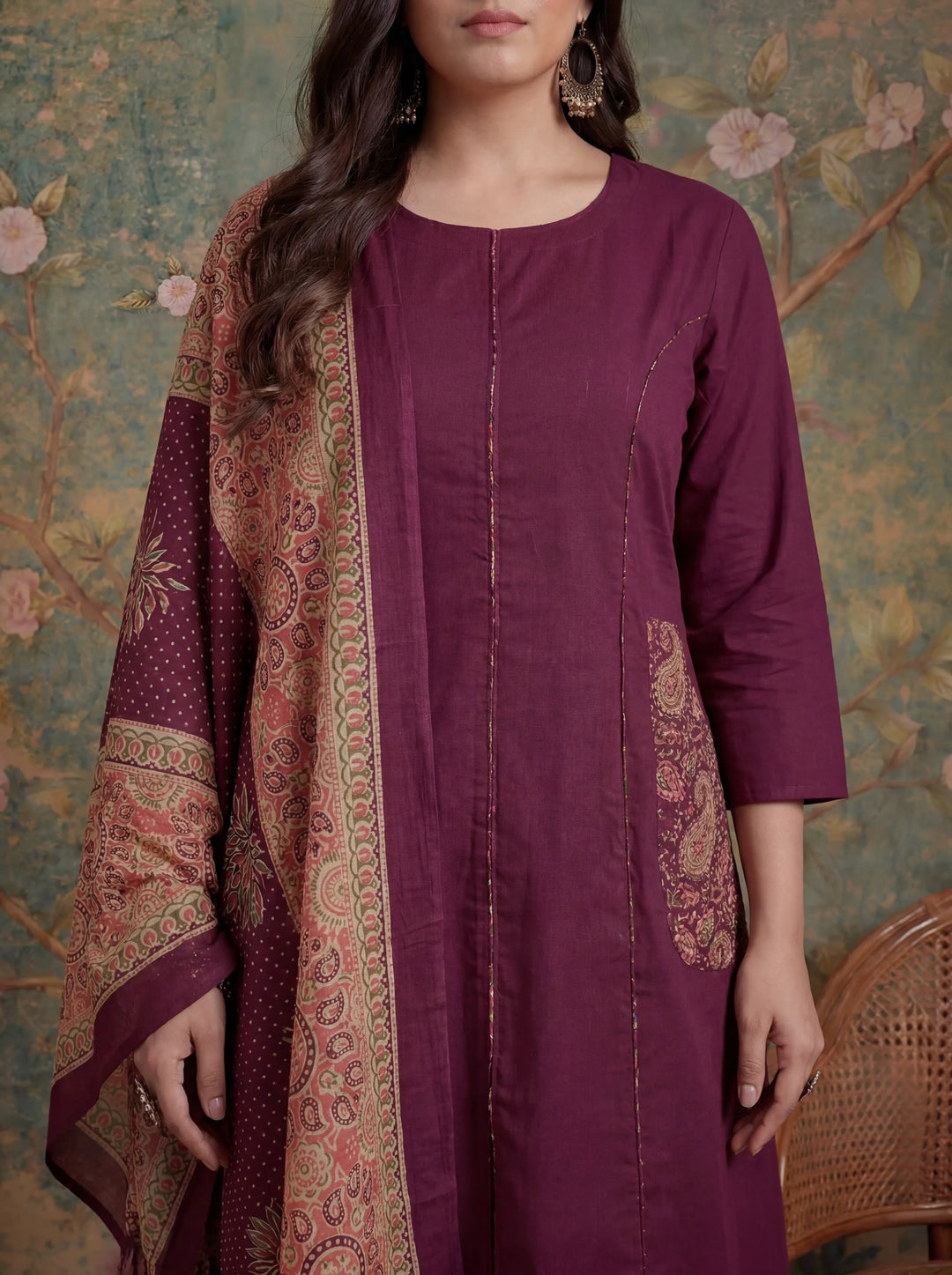 Cotton A-Line Patch Work Pluse Size Kurta Pant Dupatta Set