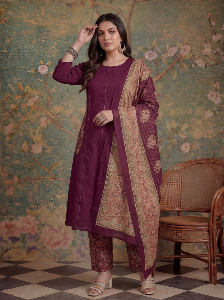 Cotton A-Line Patch Work Pluse Size Kurta Pant Dupatta Set
