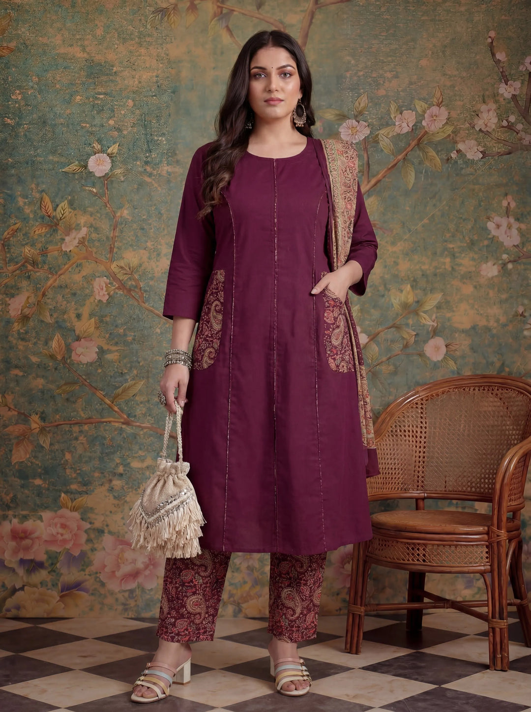 Cotton A-Line Patch Work Pluse Size Kurta Pant Dupatta Set