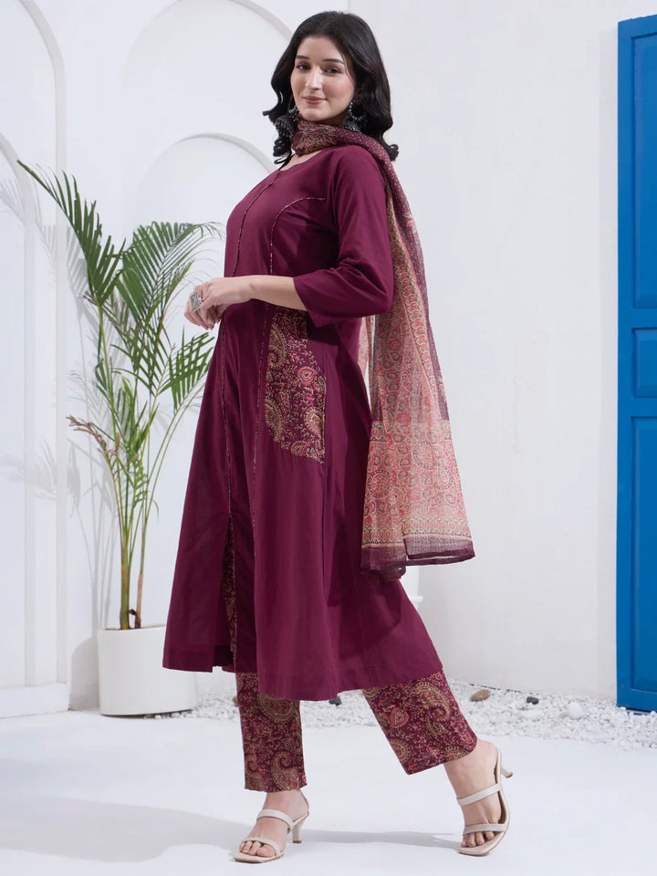 Cotton A Line Patch Work Kurta Pant Dupatta Set