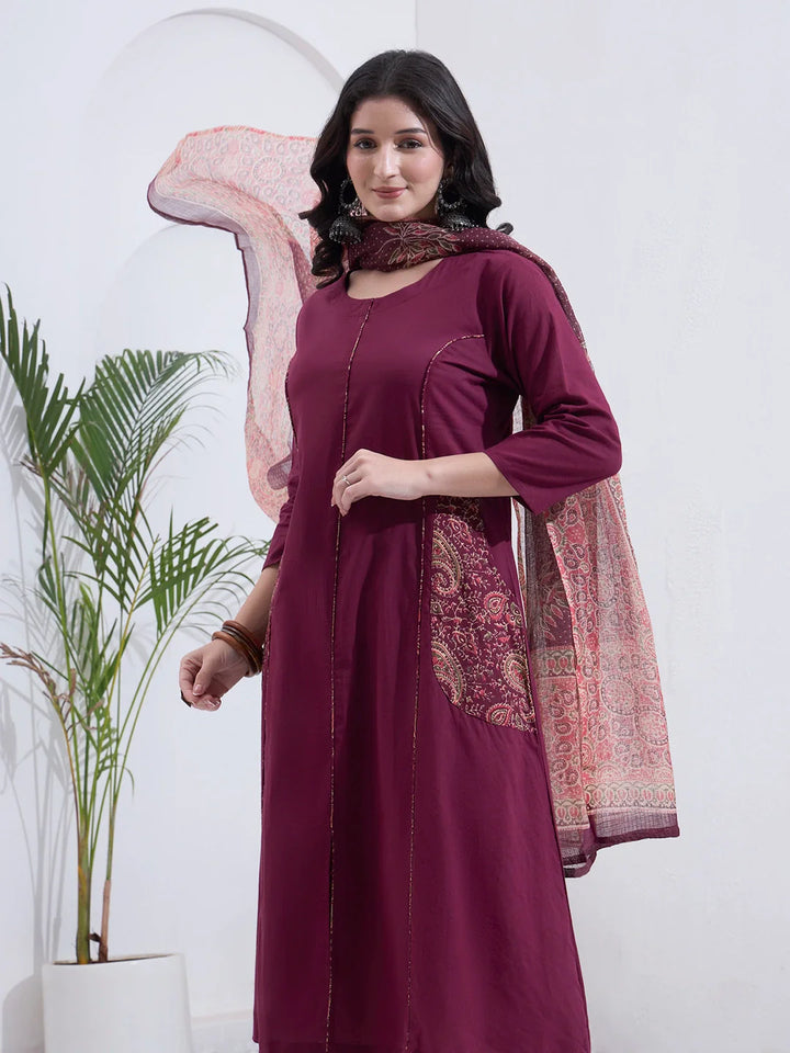 Cotton A Line Patch Work Kurta Pant Dupatta Set