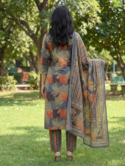 Straight Floral Geometric Print Kurta Trouser Dupatta Set