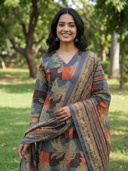 Straight Floral Geometric Print Kurta Trouser Dupatta Set