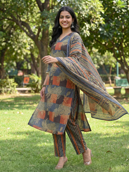 Straight Floral Geometric Print Kurta Trouser Dupatta Set