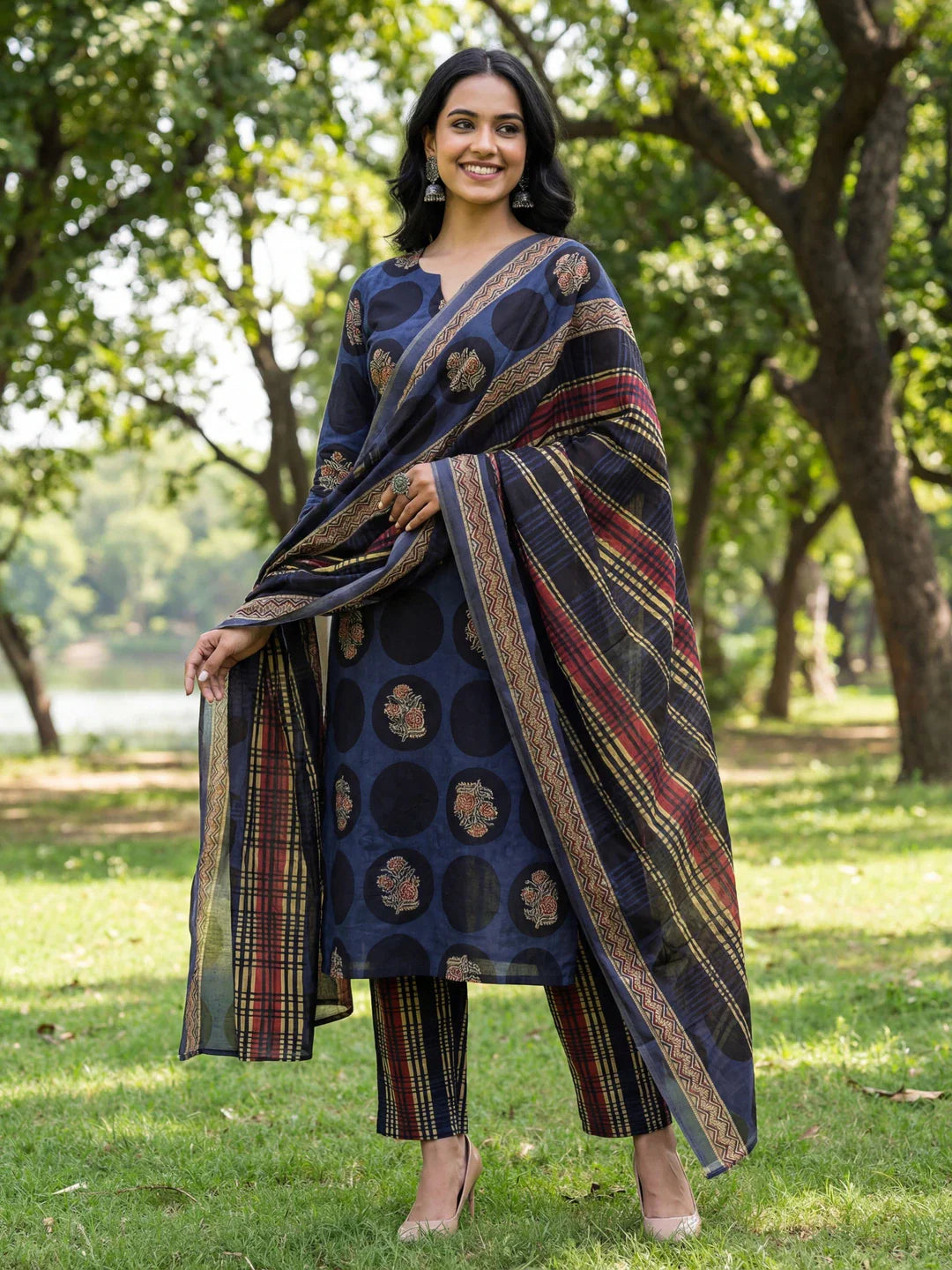 Cotton Straight Floral Print Kurta Trouser Dupatta Set