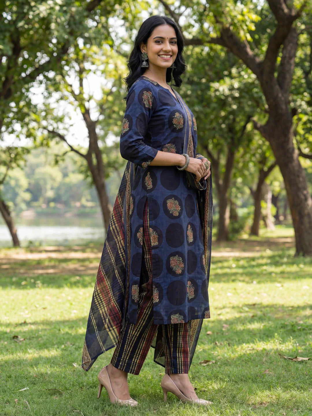 Cotton Straight Floral Print Kurta Trouser Dupatta Set