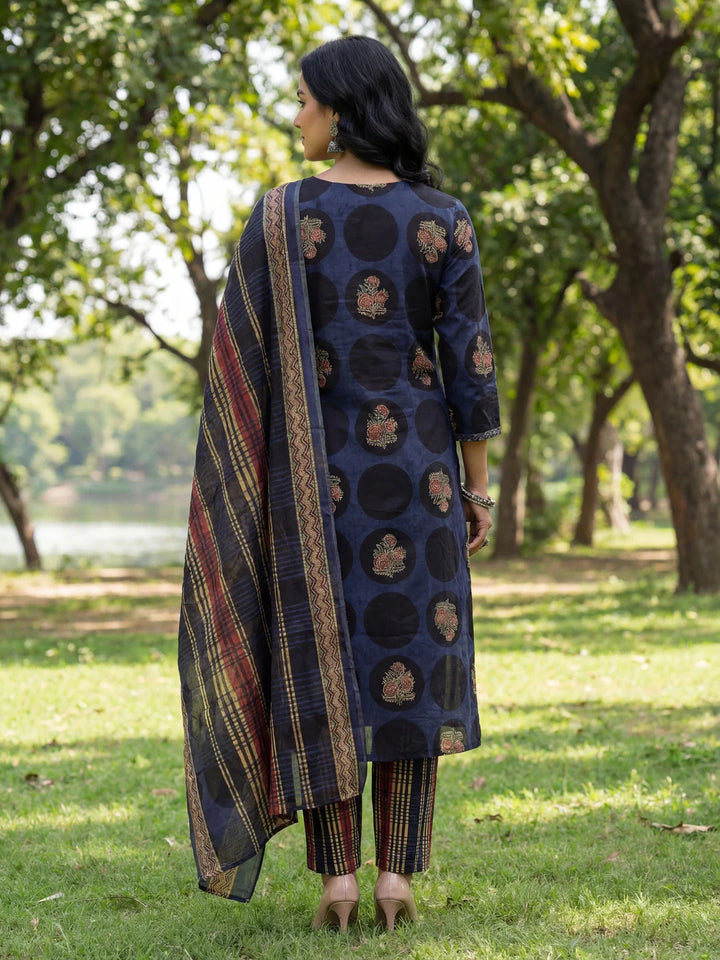 Cotton Straight Floral Print Kurta Trouser Dupatta Set