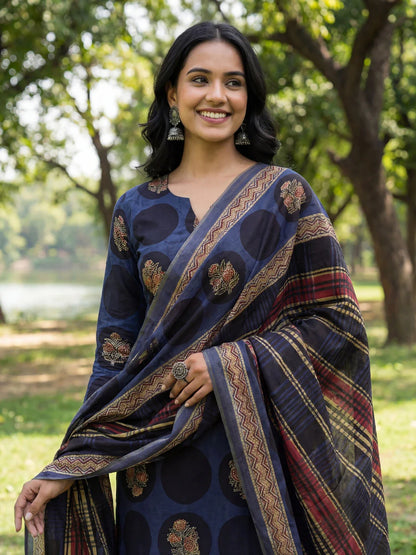 Cotton Straight Floral Print Kurta Trouser Dupatta Set