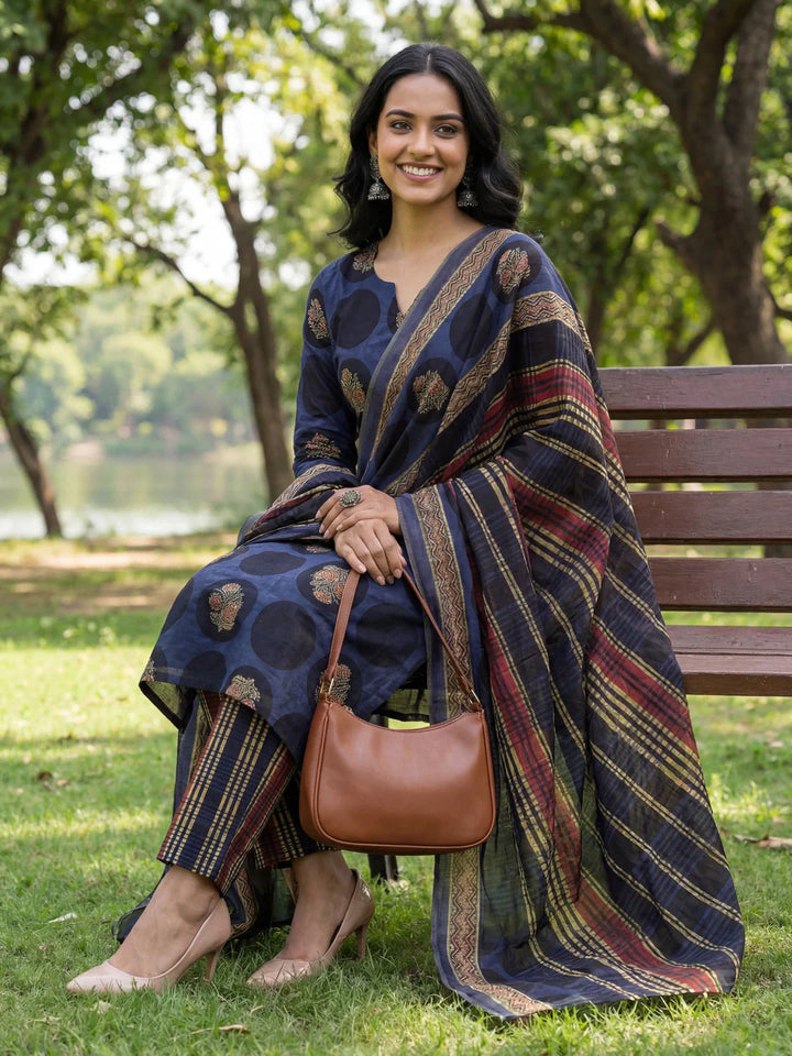 Cotton Straight Floral Print Kurta Trouser Dupatta Set