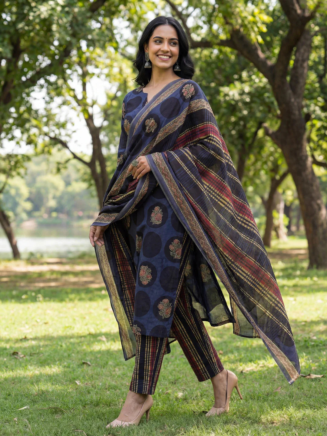 Cotton Straight Floral Print Kurta Trouser Dupatta Set