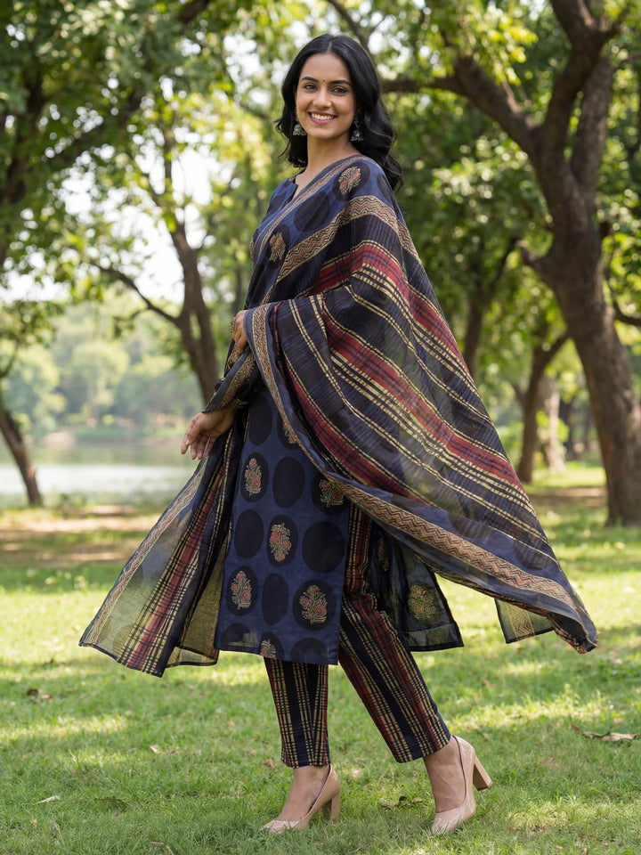 Cotton Straight Floral Print Kurta Trouser Dupatta Set