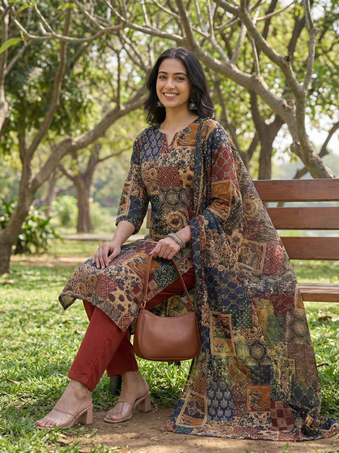 Straight Ethnic Motifs Print Kurta Trouser Dupatta Set