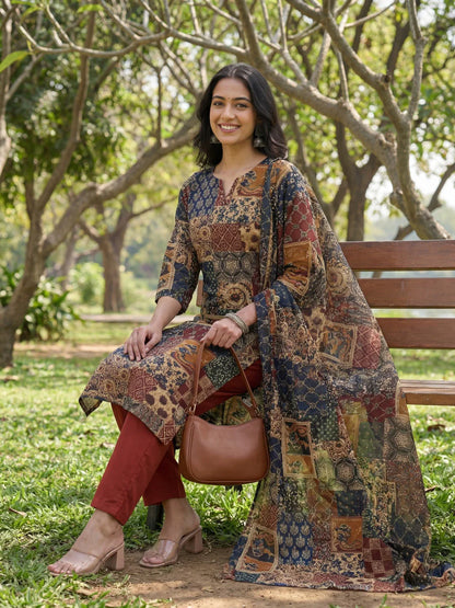 Straight Ethnic Motifs Print Kurta Trouser Dupatta Set