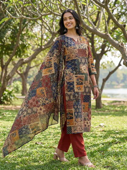 Straight Ethnic Motifs Print Kurta Trouser Dupatta Set