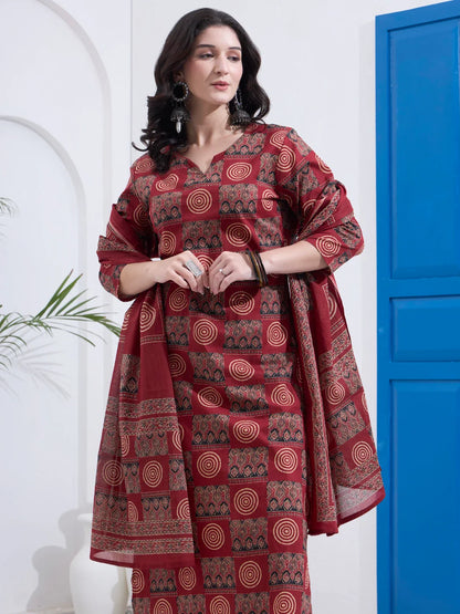 Cotton Straight Kurta Pant Dupatta Set