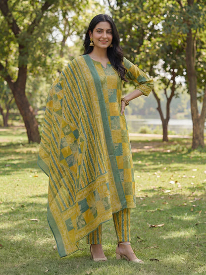 Straight Floral Geometric Print Kurta Trouser Dupatta Set