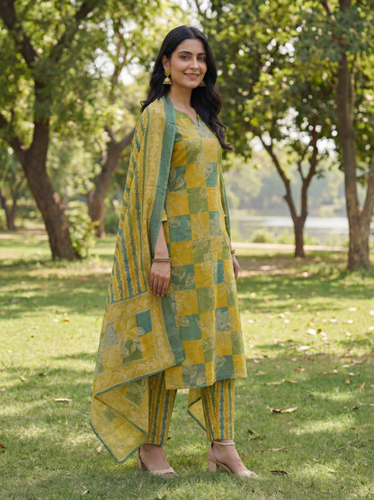 Straight Floral Geometric Print Kurta Trouser Dupatta Set