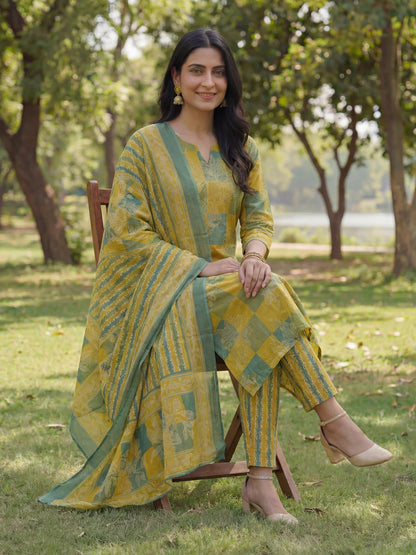Straight Floral Geometric Print Kurta Trouser Dupatta Set