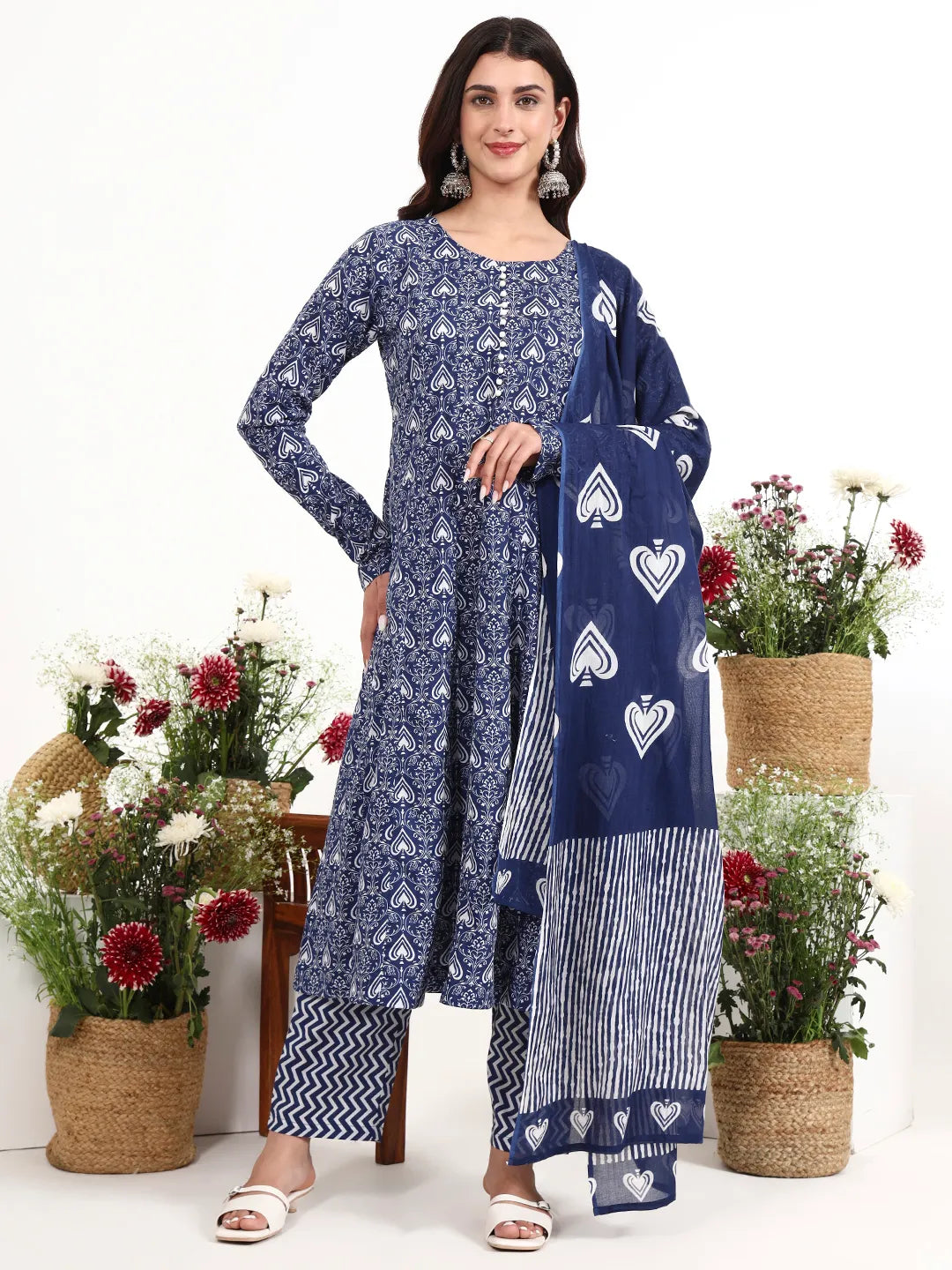 Cotton Anarkali Kurta Churidaar Sleeve Style Pant Dupatta Set