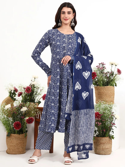 Cotton Anarkali Kurta Churidaar Sleeve Style Pant Dupatta Set