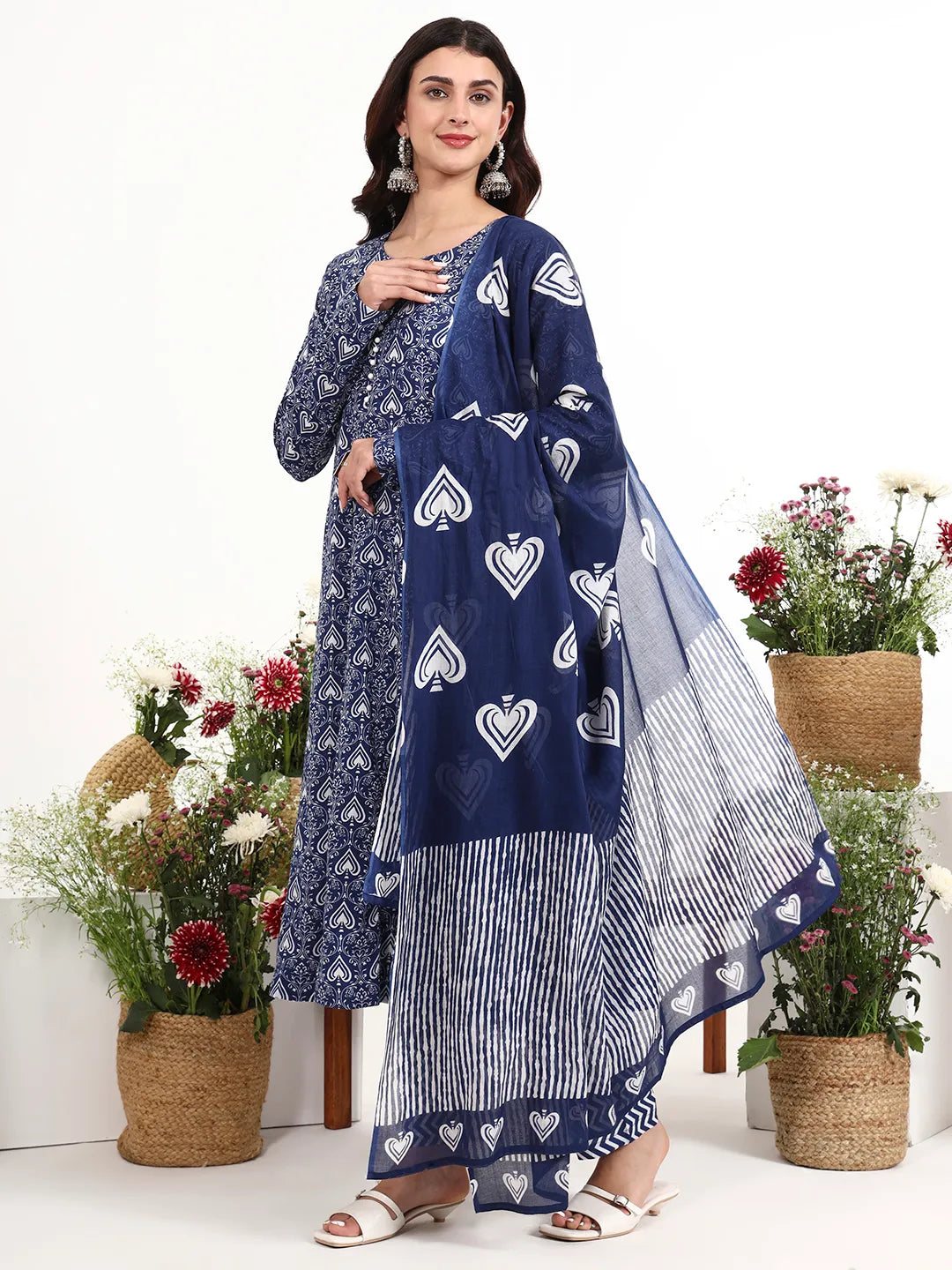 Cotton Anarkali Kurta Churidaar Sleeve Style Pant Dupatta Set